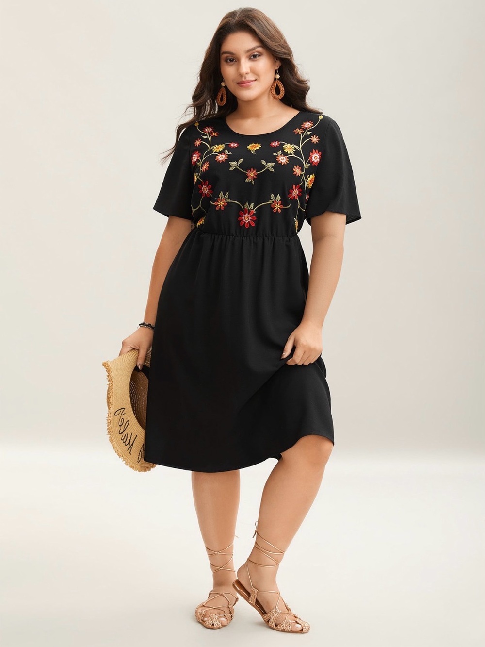 BloomChic Black Midi Dress with Floral Embroidery